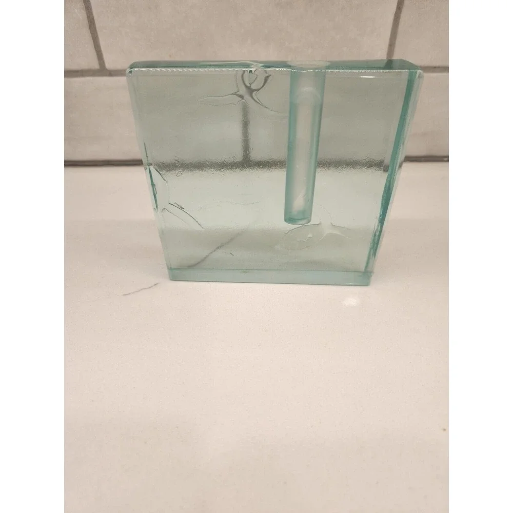 Vtg. Stephen Schlanser Art Glass Etched Square‎ Bud Vase Pen Holder Signed Dated